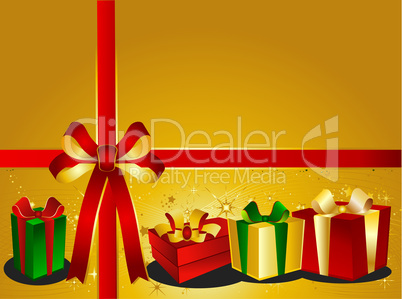 Goldener Weihnachtshintergrund mit Geschenken und Schleife
