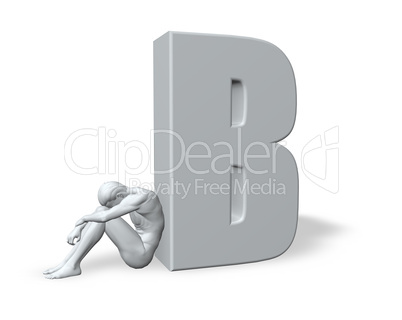 sitting man leans on uppercase letter B