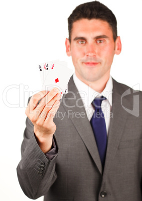 Businessman with poker cards