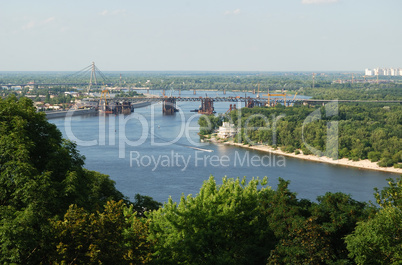 River with bridges, islands in the middle of Kyiv