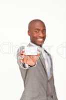 Businessman holding a white business card