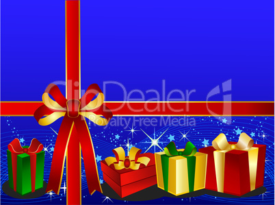 Blauer Weihnachtshintergrund mit Geschenken und Schleife