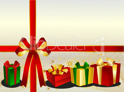 Weihnachtshintergrund mit Geschenken und Schleife