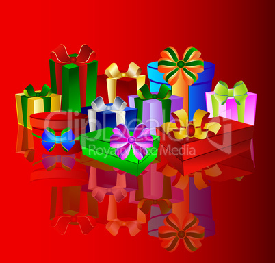Bunte Geschenke auf rotem Hintergrund