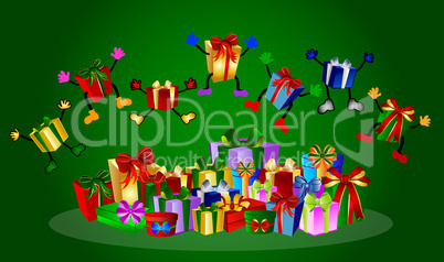 Springende Geschenke auf grünem Hintergrund