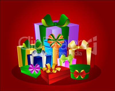Illustration Bunte Geschenke auf rotem Hintergrund
