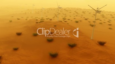 (1121) Electric Power Wind Turbines in Desert Sand Storm Aerial