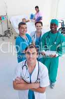 High angle of doctor, surgeon and nurse with a child patient