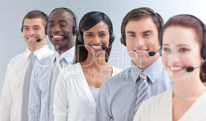 Business people working in a call center in a line