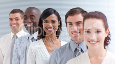 Business team in a line. Focus on a Indian woman