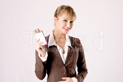 business woman with chocolate bar