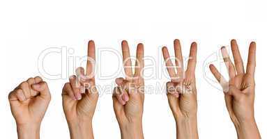 Hände zeigen die Zahlen von null bis vier an
