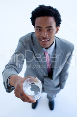 Afro-American businessman drinking water