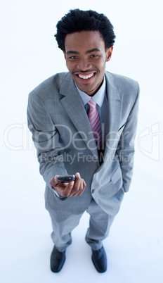 Afro-American businessman holding a mobile phone