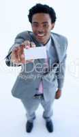 African businessman showing a small business card