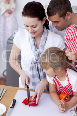 Mother cutting vegetables in kitchen