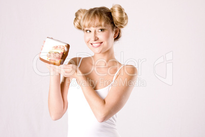 young woman with a fastfood box