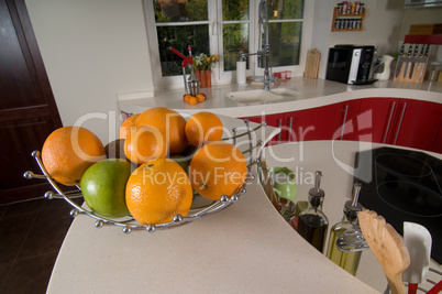 Fruits on red modern kitchen