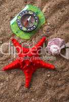 sand, starfish and compass