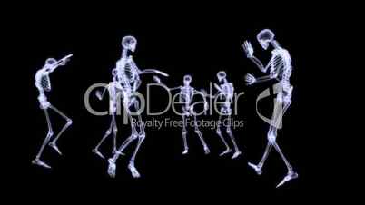 Group of human skeleton dancing on black background
