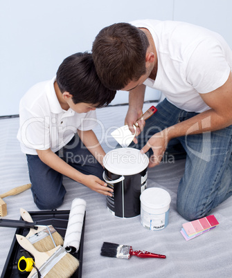 Father and son painting a bedroom