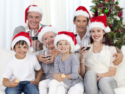 Family celebrating Christmas with wine and sweets