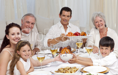 Grandparents, parents and children having a family dinner