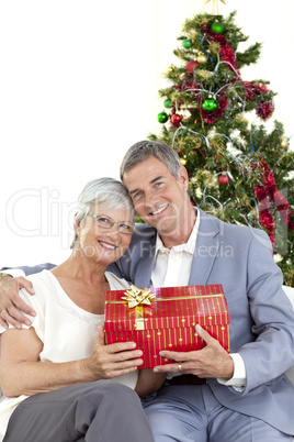 Senior couple holding a Christmas present