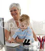 Grandson using a computer with his grandmother