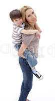 Woman giving son piggyback ride