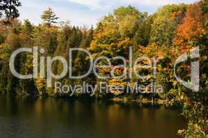 Tress  in Fall colours around the lake and their reflection in the water.