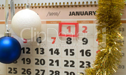 Calendar and New Year's ornaments.