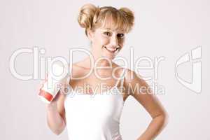 blond sportswoman with a drink