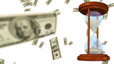 Rotating hourglass and dollar currency banknotes