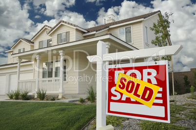 Sold Home For Sale Real Estate Sign & New House.