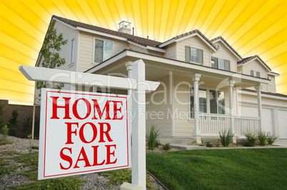 Home For Sale sign with Yellow Star-burst Background.