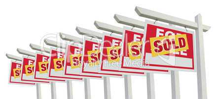 Row of Sold Home For Sale Real Estate Signs Isolated