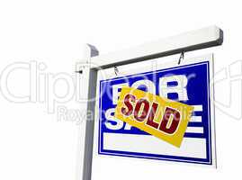 Blue Sold For Sale Real Estate Sign on White.