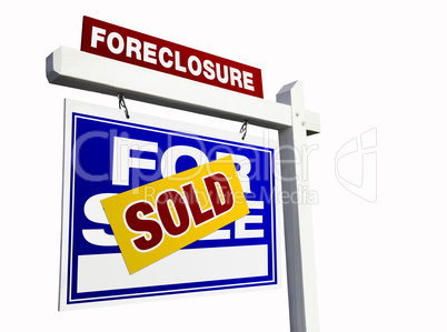 Blue Sold Foreclosure Real Estate Sign on White
