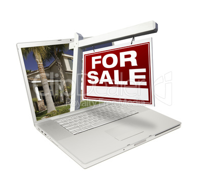 Home for Sale Sign & New House on Laptop