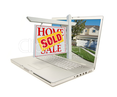 Sold Home for Sale Sign & New House on Laptop