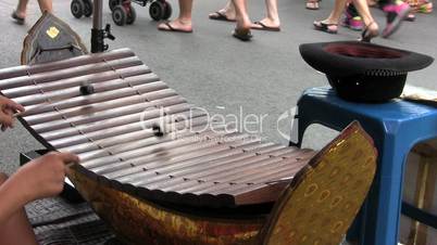 Asian Teen Playing A Wooden Xylophone