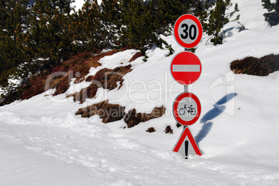 Street Signs covered by Snow, Dolomites, Italy, 2007