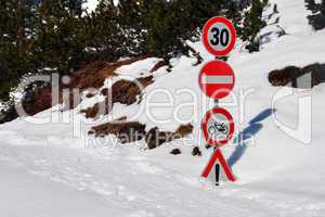 Street Signs covered by Snow, Dolomites, Italy, 2007