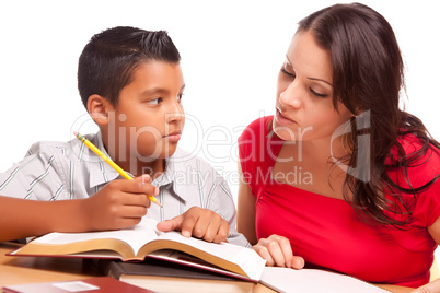 Attractive Hispanic Mother and Son Studying