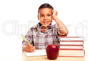 Adorable Hispanic Boy with Books, Apple, Pencil and Paper