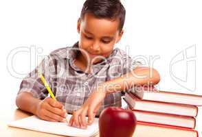 Adorable Hispanic Boy with Books, Apple, Pencil and Paper