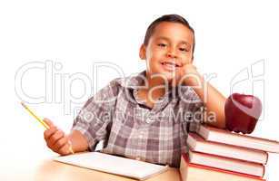 Adorable Hispanic Boy with Books, Apple, Pencil and Paper