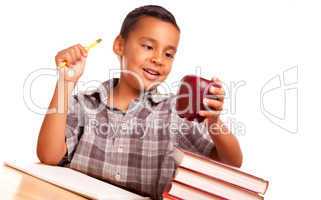 Adorable Hispanic Boy with Books, Apple, Pencil and Paper