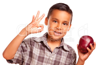 Adorable Hispanic Boy with Apple and Okay Hand Sign